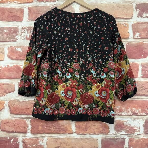 Newbury Kustom Top Women's Small Black Multicolor Flower Bomb Casual Shirt - Picture 4 of 9